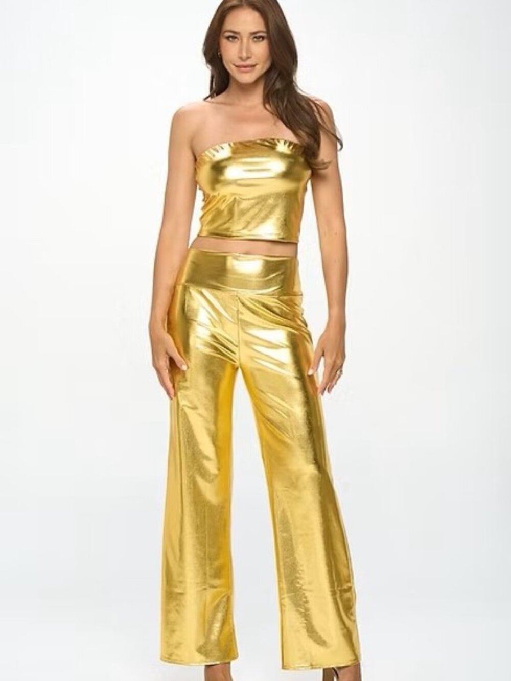 Renee C Metallic Wide Leg Pants with Metallic Tube Crop Top